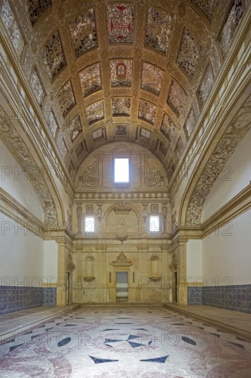 Hall with coffered ceiling and flag of historical Portugal, Fortress of Tomar, Castle of the Knights Templar, Templars, UNESCO cultural heritage, Tomar, Santarém district, Portugal, Europe, Convento da Ordem de Christo, Santarém district, aerial view, birds-eyes view, Travel, Travel photography