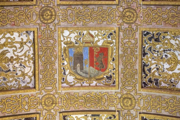 Hall with coffered ceiling and flag of historical Portugal, Fortress of Tomar, Castle of the Knights Templar, Templars, UNESCO cultural heritage, Tomar, Santarém district, Portugal, Europe, Convento da Ordem de Christo, Santarém district, aerial view, birds-eyes view, Travel, Travel photography