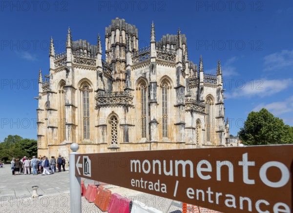 Monument sign, Monastery of Santa Maria da VitÃüria, UNESCO World Heritage Site, Monastery Church of Batalha, Mosteiro da Batalha, Batalha, Leiria District, Portugal, Europe, aerial view, birds-eyes view, Travel, Travel Photography