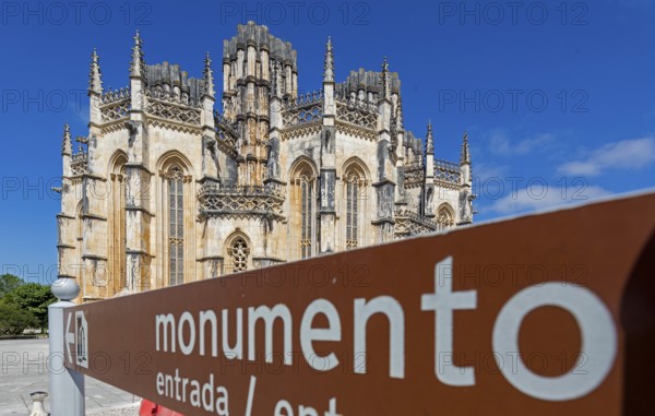 Monument sign, Monastery of Santa Maria da VitÃüria, UNESCO World Heritage Site, Monastery Church of Batalha, Mosteiro da Batalha, Batalha, Leiria District, Portugal, Europe, aerial view, birds-eyes view, Travel, Travel Photography
