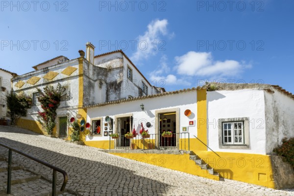 Within the castle walls lie Malrean alleys, picturesque small town of Obidos, Ãbidos, Leiria district, Portugal, Europe, Óbidos, aerial view, birds-eyes view, Travel, travel photography
