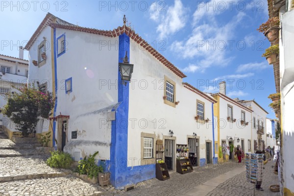 Within the castle walls lie Malrean alleys, picturesque small town of Obidos, Ãbidos, Leiria district, Portugal, Europe, Óbidos, aerial view, birds-eyes view, Travel, travel photography