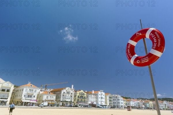 Lifebuoy on the Atlantic beach of Nazare, Nazaré, Leiria district, Portugal, Europe, Nazaré, aerial view, birds-eyes view, Travel, travel photography