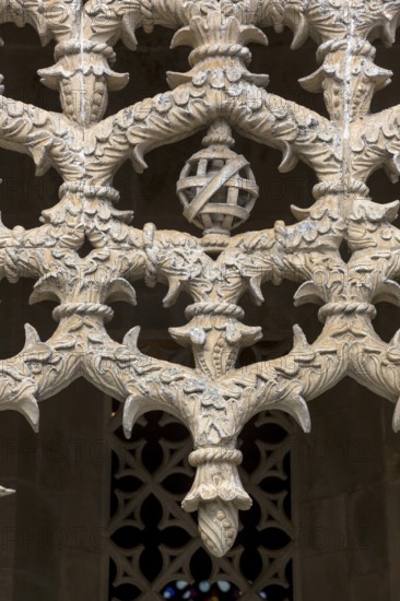 Manueline tracery in the cloister, Monastery of Santa Maria da VitÃüria, UNESCO World Heritage Site, Monastery Church of Batalha, Mosteiro da Batalha, Batalha, Leiria District, Portugal, Europe, aerial view, birds-eyes view, Travel, Travel Photography