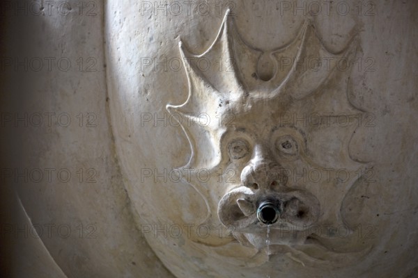 Devil's grimace on a fountain in the cloister, Monastery of Santa Maria da VitÃüria, UNESCO World Heritage Site, Monastery Church of Batalha, Mosteiro da Batalha, Batalha, Leiria District, Portugal, Europe, aerial view, birds-eyes view, Travel, Travel Photography