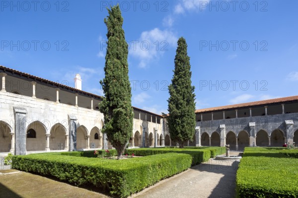 Monastery of Santa Maria da VitÃüria, UNESCO World Heritage Site, cloister with pine trees, monastery church of Batalha, Mosteiro da Batalha, Batalha, Leiria district, Portugal, Europe, aerial view, birds-eyes view, Travel, Travel Photography