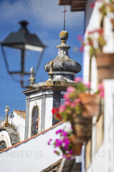 Picturesque facades with primroses and flower pots, picturesque small town Obidos, Ãbidos, district Leiria, Portugal, Europe, Óbidos, aerial view, birds-eyes view, Travel, travel photography