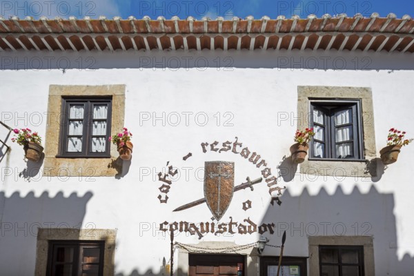 Picturesque facades with primroses and flower pots, picturesque small town Obidos, Ãbidos, district Leiria, Portugal, Europe, Óbidos, aerial view, birds-eyes view, Travel, travel photography