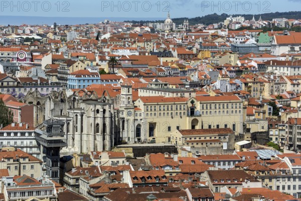 View of the most famous lift in Portugal Elevador do Município or Elevador da Biblioteca and Elevador de S. Julião, view from the castle Castelo de São Jorge to the old town of Lisbon, Lisbon, Lisbon district, Portugal, Europe, aerial view, birds-eyes view, Travel, Travel Photography