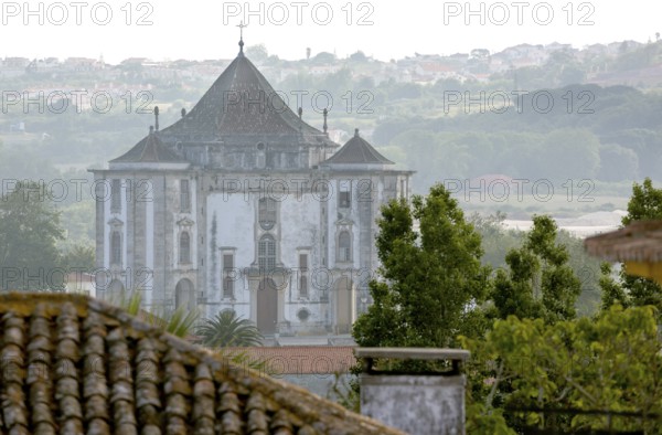 Picturesque small town of Obidos, view of the church in front of the city walls of Óbidos, Leiria district, Portugal, Europe, Óbidos, aerial view, birds-eyes view, Travel, Travel Photography
