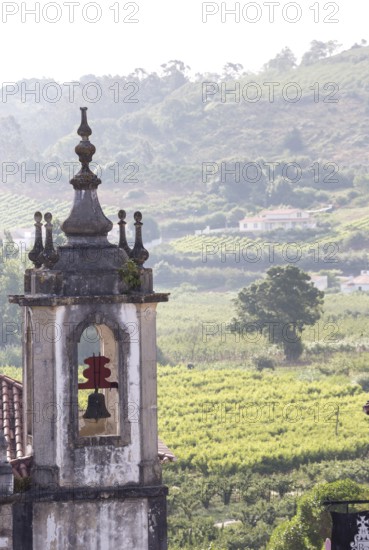 Church tower, bell tower, picturesque small town Obidos, Óbidos, district Leiria, Portugal, Europe, Óbidos, aerial view, birds-eyes view, Travel, travel photography