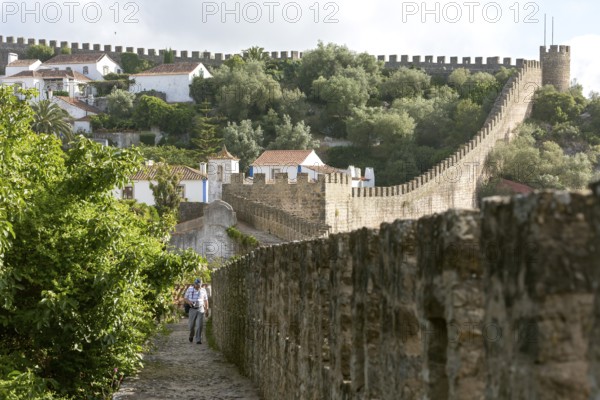 On the medieval city wall, picturesque small town Obidos, Óbidos, Leiria district, Portugal, Europe, Óbidos, aerial view, birds-eyes view, Travel, Travel photography
