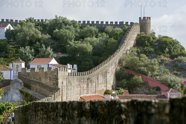 On the medieval city wall, picturesque small town Obidos, Óbidos, Leiria district, Portugal, Europe, Óbidos, aerial view, birds-eyes view, Travel, Travel photography