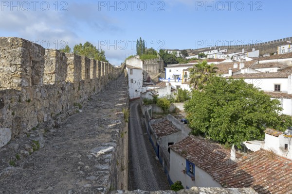 On the medieval city wall, picturesque small town Obidos, Óbidos, Leiria district, Portugal, Europe, Óbidos, aerial view, birds-eyes view, Travel, Travel photography