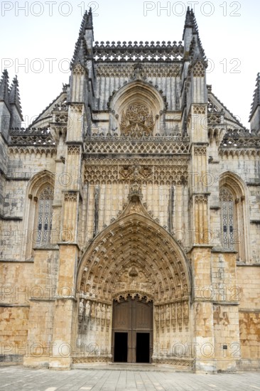 Monastery of Santa Maria da VitÃüria, UNESCO World Heritage Site, main portal with four-winged angels, monastery church of Batalha, Mosteiro da Batalha, Batalha, Leiria district, Portugal, Europe, aerial view, birds-eyes view, travel, travel photography
