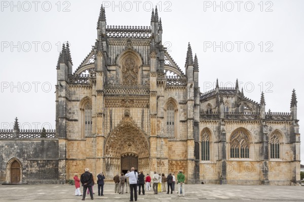 Monastery of Santa Maria da VitÃüria, UNESCO World Heritage Site, main portal with four-winged angels, monastery church of Batalha, Mosteiro da Batalha, Batalha, Leiria district, Portugal, Europe, aerial view, birds-eyes view, travel, travel photography
