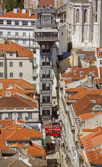 View of the most famous lift in Portugal Elevador do Município or Elevador da Biblioteca and Elevador de S. Julião, view from the castle Castelo de São Jorge to the old town of Lisbon, Lisbon, Lisbon district, Portugal, Europe, aerial view, birds-eyes view, Travel, Travel Photography