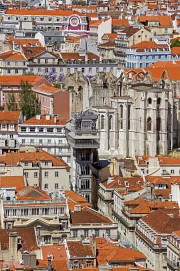 View of the most famous lift in Portugal Elevador do Município or Elevador da Biblioteca and Elevador de S. Julião, view from the castle Castelo de São Jorge to the old town of Lisbon, Lisbon, Lisbon district, Portugal, Europe, aerial view, birds-eyes view, Travel, Travel Photography