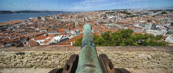 Medieval cannon, view from the castle Castelo de São Jorge to the old town of Lisbon, Lisbon, Lisbon district, Portugal, Europe, aerial view, birds-eyes view, Travel, Travel photography