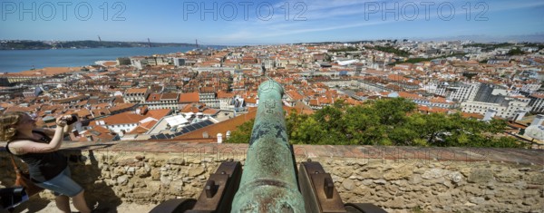 Medieval cannon, view from the castle Castelo de São Jorge to the old town of Lisbon, Lisbon, Lisbon district, Portugal, Europe, aerial view, birds-eyes view, Travel, Travel photography