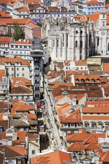 View of the most famous lift in Portugal Elevador do Município or Elevador da Biblioteca and Elevador de S. Julião, view from the castle Castelo de São Jorge to the old town of Lisbon, Lisbon, Lisbon district, Portugal, Europe, aerial view, birds-eyes view, Travel, Travel Photography
