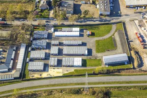Aerial view, accommodation facility refugee accommodation container village Industriestraße, Selm, Münsterland, North Rhine-Westphalia, Germany, container village, DE, Europe, refugee village, refugee home, refugee camp, refugee accommodation, refugee shelter, refugee accommodation, aerial photograph, aerial photography, aerial photography, overview, bird's-eye view, overview