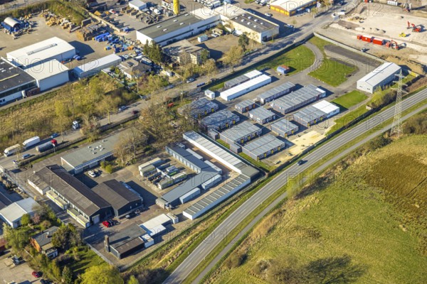 Aerial view, accommodation facility refugee accommodation container village Industriestraße, Selm, Münsterland, North Rhine-Westphalia, Germany, container village, DE, Europe, refugee village, refugee home, refugee camp, refugee accommodation, refugee shelter, refugee accommodation, aerial photograph, aerial photography, aerial photography, overview, bird's-eye view, overview