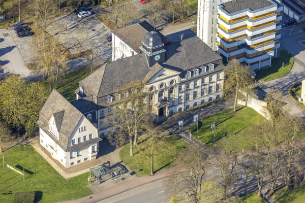 Aerial view, office building and tower block Adenauerplatz, Bork, Selm, Münsterland, North Rhine-Westphalia, Germany, authority, DE, Europe, aerial view, aerial photography, aerial photography, overview, bird's-eye view, overview