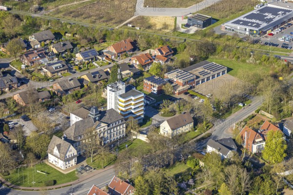 Aerial view, Adenauerplatz office building and tower block, fire brigade fire-fighting unit II Bork, Bork, Selm, Münsterland, North Rhine-Westphalia, Germany, authority, fire-fighter, fire protection, fire watch, DE, Europe, fire-fighting unit, fire station, fire brigade, aerial photograph, aerial photography, aerial photography, rescue station, overview, bird's-eye view, overview