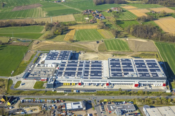 Aerial view, industrial estate Werner Straße, GC24-EXPRESS KG Cordes und Gräfe KG central warehouse logistics centre with solar roof, Selm, Münsterland, North Rhine-Westphalia, Germany, DE, Europe, aerial view, aerial photography, aerial photography, overview, bird's-eye view, overview