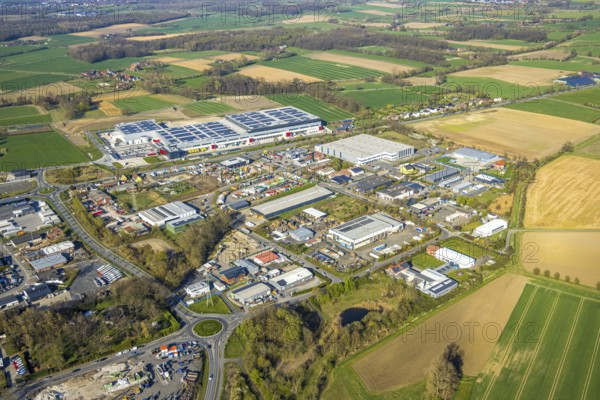 Aerial view, industrial estate Werner Straße, GC24-EXPRESS KG Cordes und Gräfe KG central warehouse logistics centre with solar roof, Selm, Münsterland, North Rhine-Westphalia, Germany, DE, Europe, aerial view, aerial photography, aerial photography, overview, bird's-eye view, overview