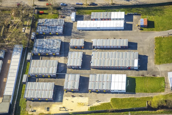 Aerial view, accommodation facility refugee accommodation container village Industriestraße, Selm, Münsterland, North Rhine-Westphalia, Germany, container village, DE, Europe, refugee village, refugee home, refugee camp, refugee accommodation, refugee shelter, refugee accommodation, aerial photograph, aerial photography, aerial photography, overview, bird's-eye view, overview