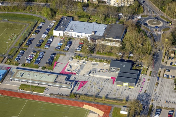 Aerial view, Campusplatz Nord with ground painting and rest areas, skate park, Selm, Münsterland, North Rhine-Westphalia, Germany, DE, Europe, aerial view, aerial photography, aerial photography, overview, bird's-eye view, overview