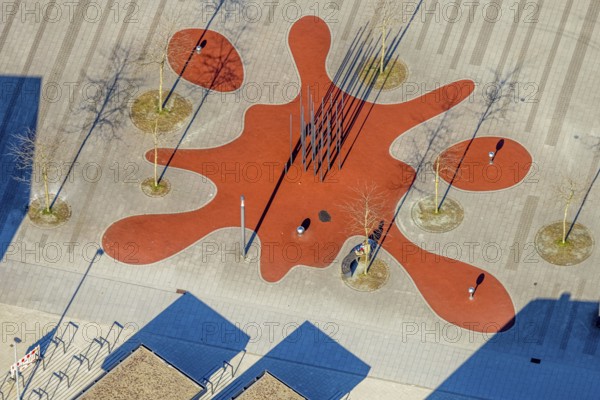 Aerial view, Campusplatz Süd with ground painting and resting places, Selm, Münsterland, North Rhine-Westphalia, Germany, DE, Europe, aerial view, aerial photography, aerial photography, overview, bird's eye view, birds-eyes view, overview