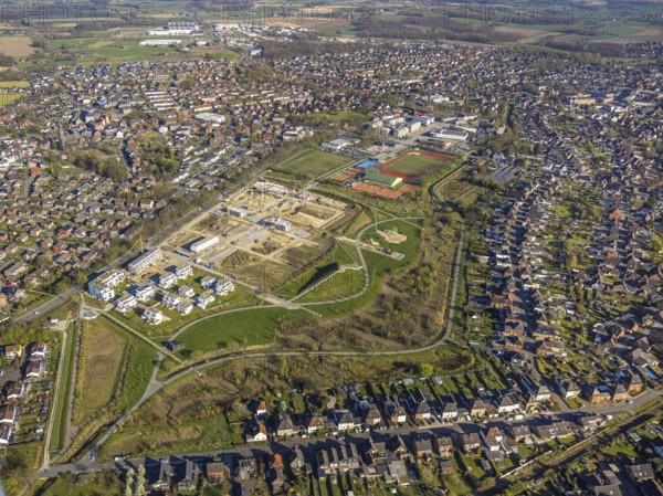 Aerial view, Living at Auenpark, Building area with new housing estate, Selm, Münsterland, North Rhine-Westphalia, Germany, Construction work, Building area, Building site, Building plots, Building project, Building site, DE, Europe, Aerial view, Aerial photography, Aerial photography, Overview, Bird's-eye view, overview