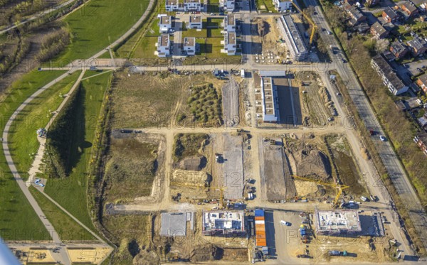 Aerial view, Living at Auenpark, Building area with new housing estate, Selm, Münsterland, North Rhine-Westphalia, Germany, Construction work, Building area, Building site, Building plots, Building project, Building site, DE, Europe, Aerial view, Aerial photography, Aerial photography, Overview, Bird's-eye view, overview