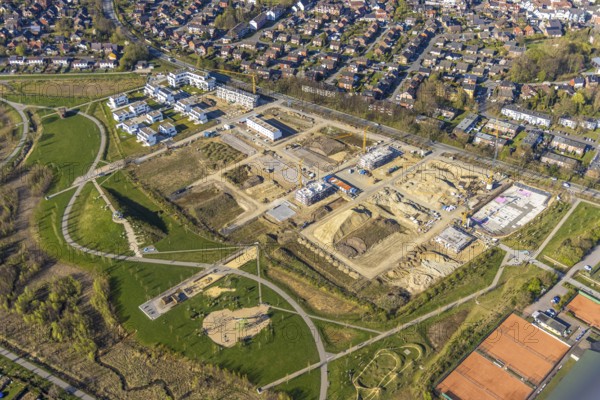 Aerial view, Living at Auenpark, Building area with new housing estate, Selm, Münsterland, North Rhine-Westphalia, Germany, Construction work, Building area, Building site, Building plots, Building project, Building site, DE, Europe, Aerial view, Aerial photography, Aerial photography, Overview, Bird's-eye view, overview