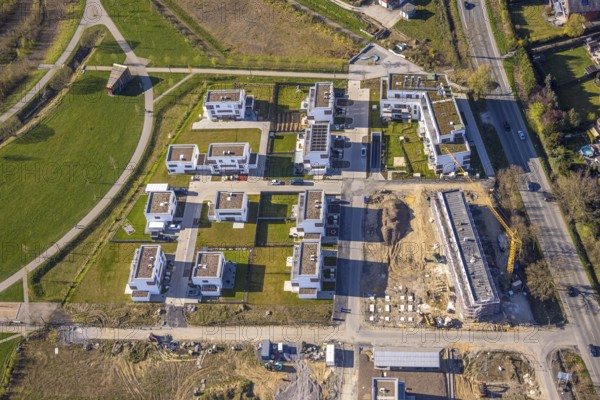 Aerial view, Living at Auenpark, Building area with new housing estate, Selm, Münsterland, North Rhine-Westphalia, Germany, Construction work, Building area, Building site, Building plots, Building project, Building site, DE, Europe, Aerial view, Aerial photography, Aerial photography, Overview, Bird's-eye view, overview