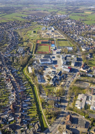 Aerial view, Auenpark with campus, grammar school, sports centre Sparkassen Arena and living at Auenpark, Selm, Münsterland, North Rhine-Westphalia, Germany, construction work, construction area, building site, building plots, construction project, construction site, education, educational institution, DE, Europe, football pitch, football stadium, property tax, real estate, educational institute, aerial view, aerial photography, aerial photography, new construction, school, sports, sports facilities, sports field, sports facility, stadium, overview, bird's-eye view, residential area, housing and living, residential area, residential quality, residential neighbourhood, housing estate, residential district, birds-eyes view, overview