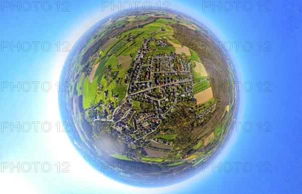 Aerial photo, residential area, view of Cappenberg district, globe, fisheye image, 360 degree image, tiny world, little planet, fisheye image, Südkirchen, Nordkirchen, Ruhr area, North Rhine-Westphalia, Germany, Cappenberg, DE, Europe, fisheye lens, fisheye lens, property tax, real estate, aerial photography, aerial photography, aerial photography, Münsterland, Selm, super wide-angle lens, overview, bird's-eye view, housing estate, housing and living, residential area, residential quality, residential neighbourhood, housing estate, residential area, birds-eyes view, fisheye lens, insta360 camera, overview