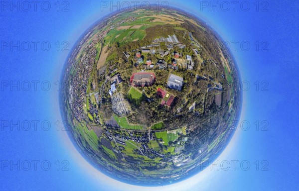 Aerial photo, residential area, local view of Bork district, Westring sports facility, high-rise residential area Im Sundern, globe, fisheye image, 360 degree image, tiny world, little planet, fisheye image, Bork, Selm, Ruhr area, North Rhine-Westphalia, Germany, DE, Europe, fisheye lens, fisheye lens, property tax, real estate, aerial photography, aerial photography, aerial photography, Münsterland, super wide-angle lens, overview, bird's-eye view, housing estate, housing and living, residential area, quality of living, residential neighbourhood, housing estate, residential area, birds-eyes view, fisheye lens, insta360 camera, overview