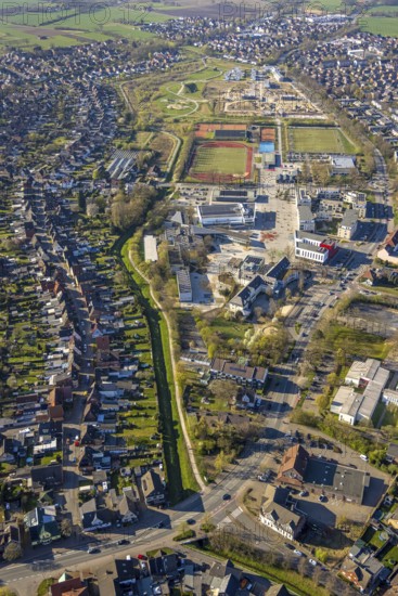 Aerial view, Auenpark with campus, grammar school, sports centre Sparkassen Arena and living at Auenpark, Selm, Münsterland, North Rhine-Westphalia, Germany, construction work, construction area, building site, building plots, construction project, construction site, education, educational institution, DE, Europe, property tax, real estate, educational institute, aerial view, aerial photography, aerial photography, new building, school, overview, bird's-eye view, housing estate, housing and living, residential area, residential quality, residential neighbourhood, residential estate, residential district, birds-eyes view, overview