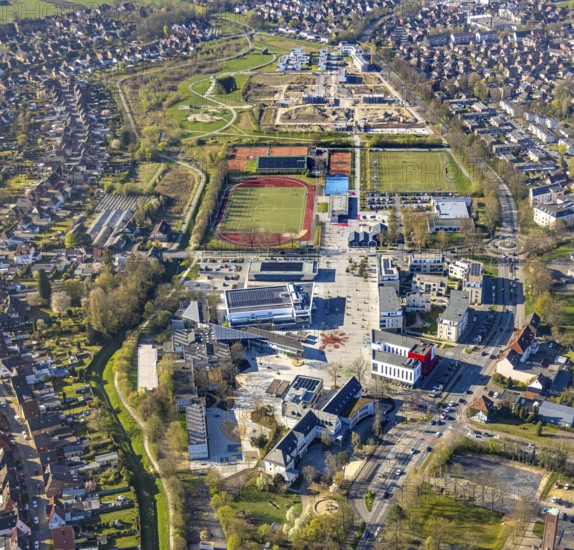 Aerial view, Auenpark with campus, grammar school, sports centre Sparkassen Arena and living at Auenpark, Selm, Münsterland, North Rhine-Westphalia, Germany, construction work, construction area, building site, building plots, construction project, construction site, education, educational institution, DE, Europe, property tax, real estate, educational institute, aerial view, aerial photography, aerial photography, new building, school, overview, bird's-eye view, housing estate, housing and living, residential area, residential quality, residential neighbourhood, residential estate, residential district, birds-eyes view, overview