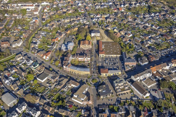 Aerial view, community centre and adult education centre VHS in the town centre, Botzlar Castle (white house), residential area town view and shopping centre with Edeka supermarket, roundabout Kreisstraße and Botzlarstraße, Beifang, Selm, Münsterland, North Rhine-Westphalia, Germany, DE, Europe, property tax, real estate, roundabout, aerial view, aerial photography, aerial photography, castle, overview, bird's-eye view, residential area, living and life, residential area, residential quality, residential quarter, housing estate, residential district, birds-eyes view, overview