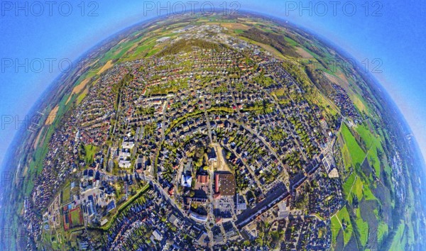 Aerial view, residential area, view of Selm, centre of Selm, earth globe, fisheye shot, 360 degree shot, tiny world, little planet, fisheye image, bycatch, Selm, Ruhr area, North Rhine-Westphalia, Germany, DE, Europe, fisheye lens, fisheye lens, property tax, real estate, aerial photography, aerial photography, aerial photography, Münsterland, super wide-angle lens, overview, bird's-eye view, housing estate, housing and living, residential area, quality of living, residential neighbourhood, housing estate, residential area, birds-eyes view, fisheye lens, insta360 camera, overview