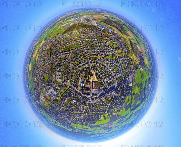 Aerial view, residential area, view of Selm, centre of Selm, earth globe, fisheye shot, 360 degree shot, tiny world, little planet, fisheye image, bycatch, Selm, Ruhr area, North Rhine-Westphalia, Germany, DE, Europe, fisheye lens, fisheye lens, property tax, real estate, aerial photography, aerial photography, aerial photography, Münsterland, super wide-angle lens, overview, bird's-eye view, housing estate, housing and living, residential area, quality of living, residential neighbourhood, housing estate, residential area, birds-eyes view, fisheye lens, insta360 camera, overview