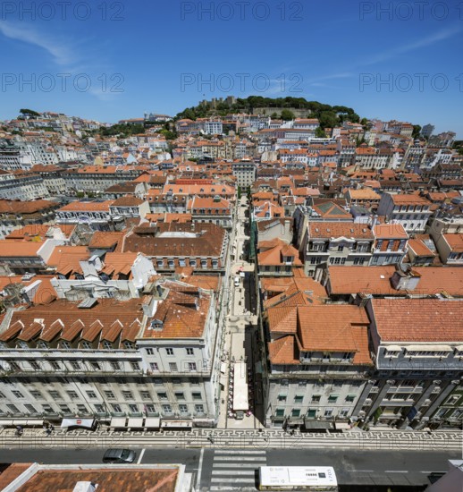 View from Portugal's most famous lift Elevador do Município or Elevador da Biblioteca and Elevador de S. Julião to the old town of Portugal with the red roofs, Lisbon, District of Lisbon, Portugal