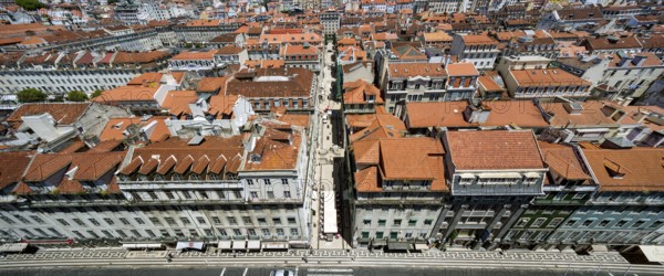 View from Portugal's most famous lift Elevador do Município or Elevador da Biblioteca and Elevador de S. Julião to the old town of Portugal with the red roofs, Lisbon, District of Lisbon, Portugal