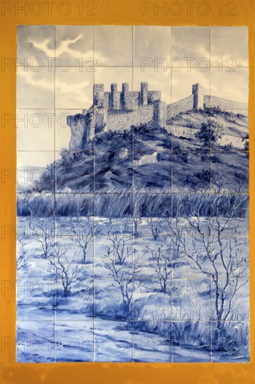 Azelejos, painted tiles with the city motif of the city wall and Obidos Castle, picturesque small town Obidos, Portugal, Europe, Obidos, Coimbra district, aerial view, birds-eyes view, Travel, travel photography