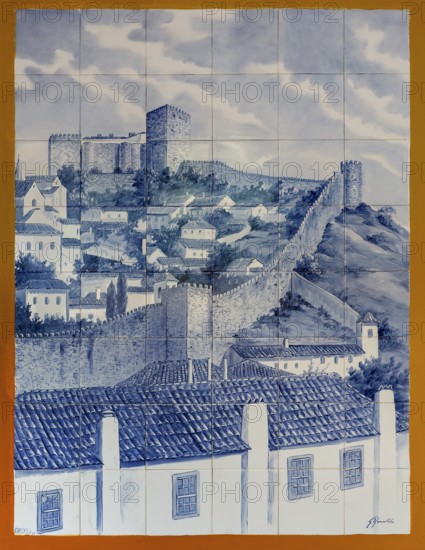 Azelejos, painted tiles with the city motif of the city wall and Obidos Castle, picturesque small town Obidos, Portugal, Europe, Coimbra, Coimbra district, aerial view, birds-eyes view, Travel, travel photography, Obidos